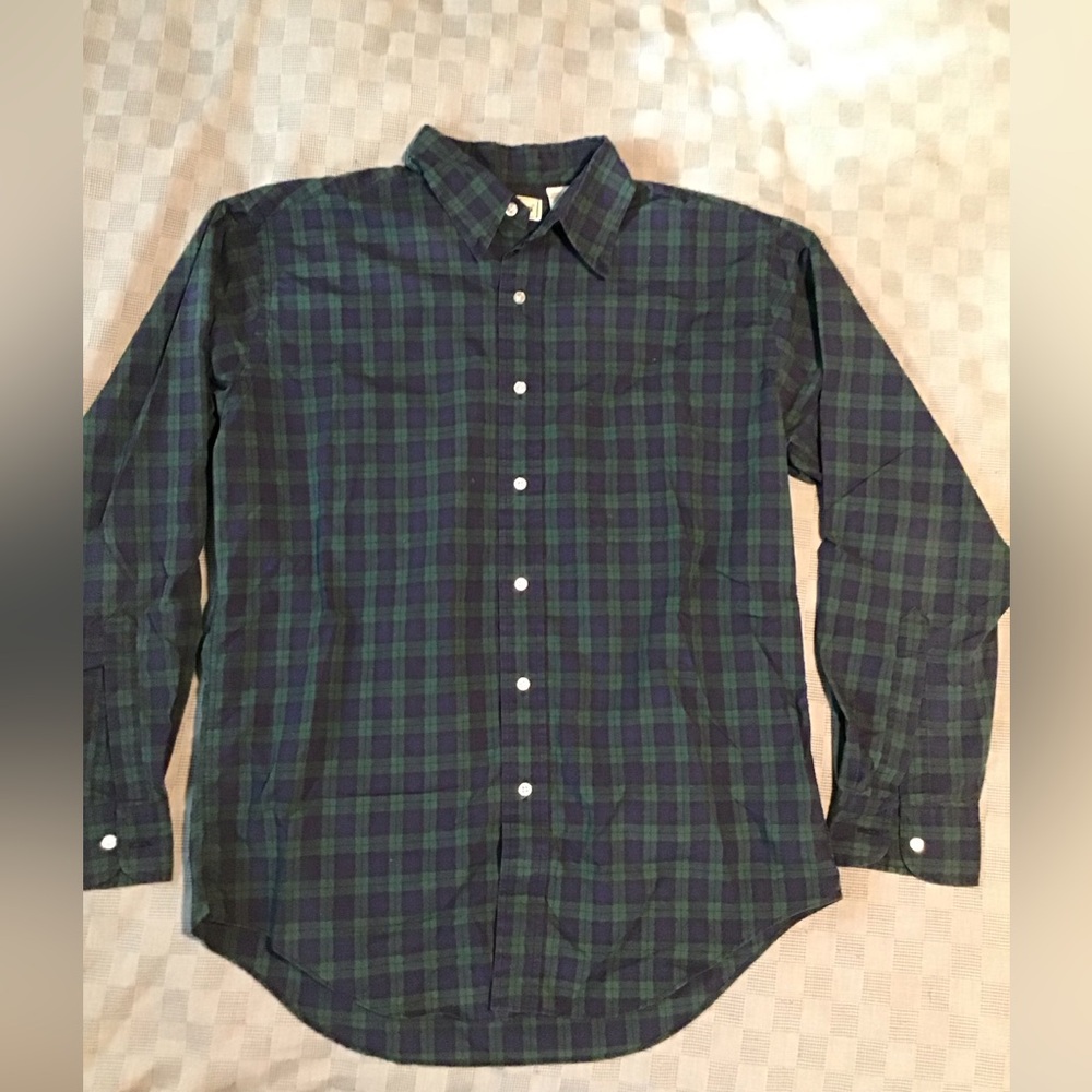 Vintage LL Bean Shirt Mens M Blue Green Plaid Check Long Sleeve Button Up